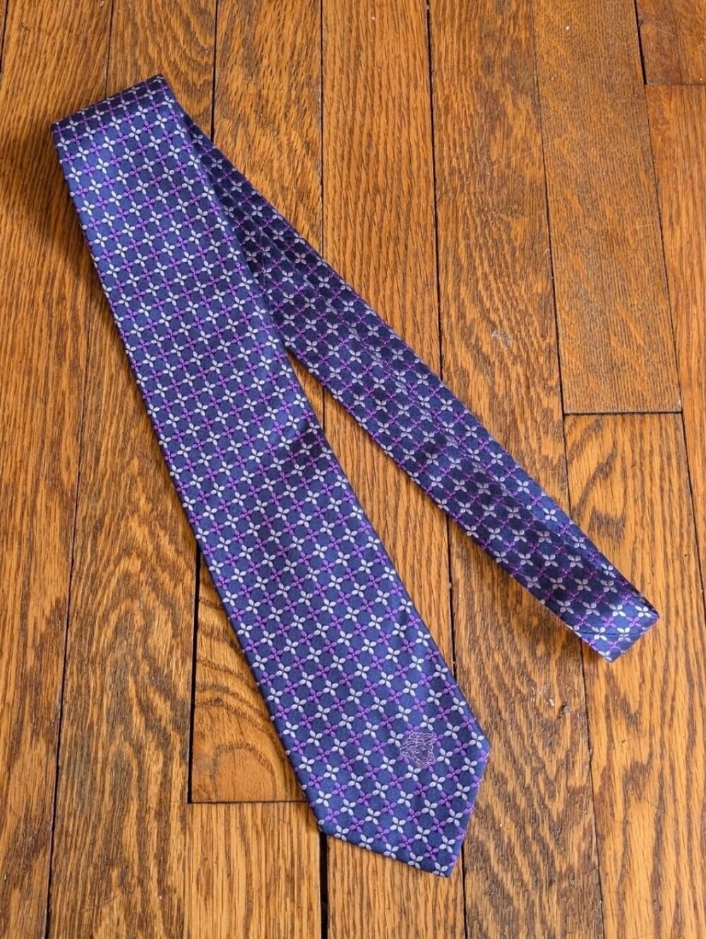 Versace Purple Silk Tie Necktie with Medusa Logo Embroidery